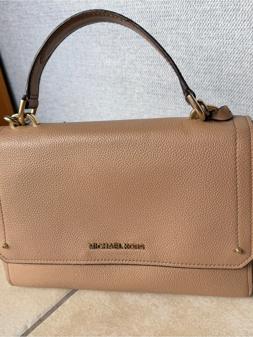 Michael Kors Tan Pebbled Leather Top-Handle Satchel with Gold Hardware